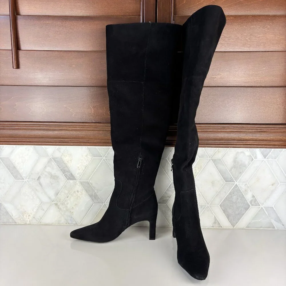 8.5 Wide Calf Black Suede Leather Tall Boot Over The Knee Zip Block Heel Shea